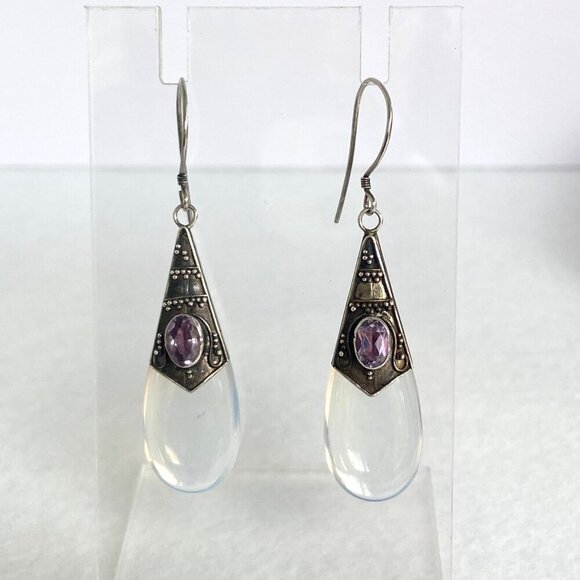 Sterling Silver 925 Oval Bezel Set Amethyst & Opalite Teardrop Dangle Earrings - Picture 13 of 16